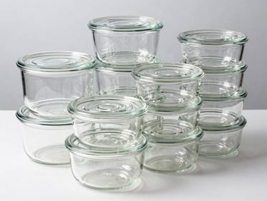 Crisp studio shot of organized stack of transparent glass storage jars and food containers on a clean white surface, bright morning daylight, sharp reflections