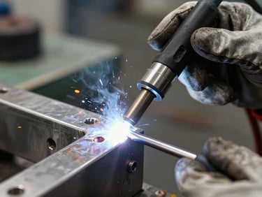 Extreme close-up of a TIG welder's gloved hands guiding the torch on a stainless steel component, bright inspection light revealing a clean, precise weld bead, sharp focus