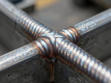 Extreme close-up of a finished structural steel weld bead under bright inspection lighting, sharp detail showing clean penetration and uniform bead profile, natural shop light