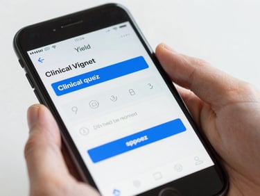 A close-up macro shot of clean hands holding a smartphone displaying a high-yield clinical vignette quiz, crisp screen glow, dark navy interface.