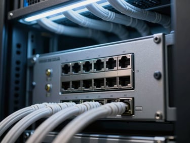 Extreme close-up of a server rack faceplate showing port indicators and cable management, cool overhead lighting in a financial-grade data center, shallow depth of field, no people
