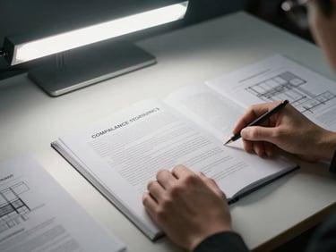 Hands resting on an open compliance framework document on a clean desk, overhead fluorescent light, architecture diagrams visible on adjacent pages, no faces shown
