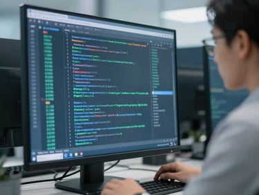 Focused professional reviewing server logs on a clean monitor, reflection of data on glass, corporate editorial, cool crisp lighting, 35mm