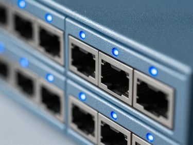 Macro close-up of secure network switch ports with blue LED indicators, metallic gray chassis, cool daylight, sharp focus, 35mm