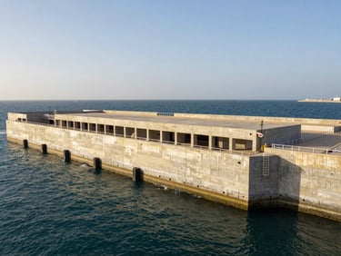 Wide-angle architectural photograph of a massive concrete marine terminal under bright Abu Dhabi daylight, sharp structural geometry, deep navy waters