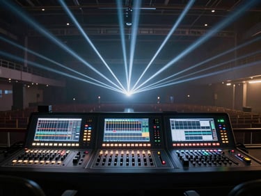 Nocturnal view of a front-of-house lighting console, sharp geometric laser beams cutting through haze over an empty venue, technical aesthetic.