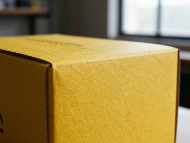 Close-up of a premium retail box with a vibrant yellow screen-printed sleeve, soft natural light, tactile paper texture, 35mm
