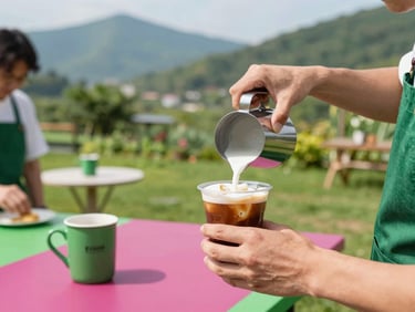 An outdoor barista workshop in a lush green social garden, hands pouring milk into a cold brew cup, bright daylight, mountain green accents