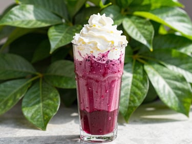 A tall glass of blended coffee frappé topped with whipped cream, condensation dripping down the glass, bright outdoor daylight, fresh green leaves in background.