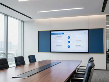 A bright, modern corporate boardroom with clean architectural lines, glass walls, and a digital screen showing legal frameworks.