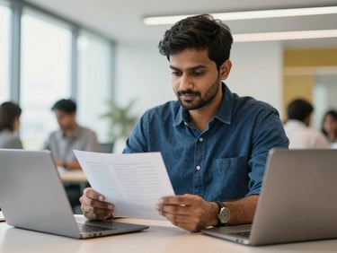 A medium close-up of an Indian founder reviewing financial documentation on a laptop in a bright, modern collaborative workspace.