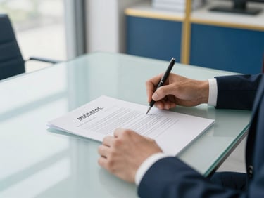 A close-up of hands signing official compliance documents on a clean glass desk in a modern corporate office, bright natural light.