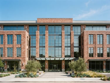 Straight-on architectural photograph of a modern brick and glass commercial office building in Arcadia, California, bright natural Southern California sunlight, clean architectural lines, warm neutral tones, 35mm lens.