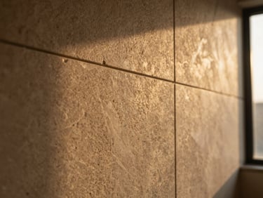 Tight macro detail of a textured PU stone panel, warm golden hour light, subtle architectural accent lighting, stone veins, deep shadows, warm editorial interior photography, shallow depth of field, 35mm