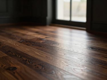 Elegant wooden floor with shallow depth of field, soft side-lit window glow, rich espresso tones, subtle reflections, warm editorial interior photography, 35mm