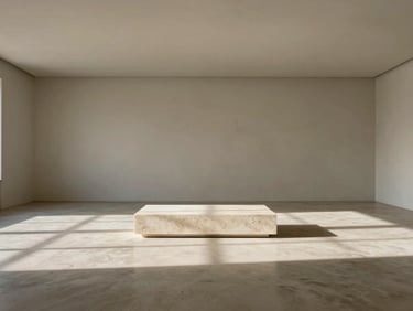 Wide panoramic view of an empty, sun-drenched minimalist room in Lisbon, high ceilings, microcement floor, soft shadows casting on a single travertine plinth.