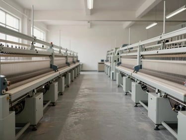 Symmetrical wide-angle view of a clean, modern textile mill floor with high-capacity spinning machines, soft diffused natural light, neutral tones