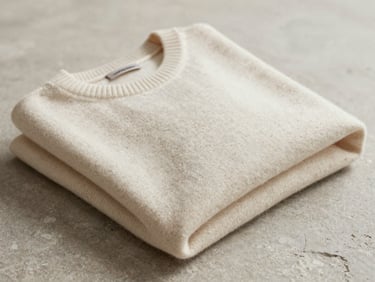 Editorial portrait of a premium cream-colored wool sweater folded on a stone surface, natural diffused light.