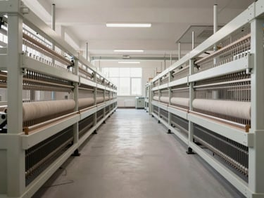 Symmetrical architectural composition of a modern textile mill floor, clean high-capacity spinning machinery, soft natural light, neutral tones.