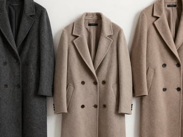 Symmetrical editorial flat-lay of structured wool coats in charcoal and warm taupe, soft diffused studio light, premium luxury catalog style