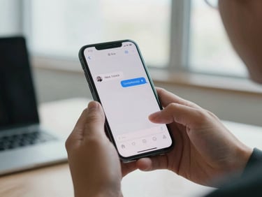 Tight shot of hands holding a smartphone showing a notification badge with a new contact name, bright office window light in the background, screen glow visible on fingertips