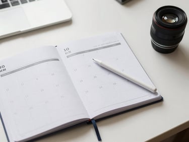 Overhead flat-lay of a weekly calendar planner open on a white desk, a stylus resting on a time slot, soft studio daylight, clean and minimal workspace detail