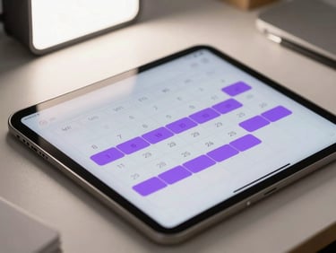 Close-up of a digital calendar interface on a tablet screen, appointment slots highlighted in purple, clean desk surface underneath, bright studio lighting from above