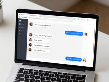 Overhead flat-lay of a laptop on a white desk, screen displaying a chatbot conversation interface with automated reply bubbles, keyboard visible at bottom edge, bright daylight from left