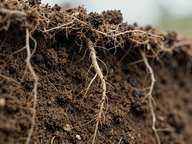 Extreme macro close-up of natural soil layers and fine root structures growing downwards, soft overcast natural daylight, showing detailed organic textures.