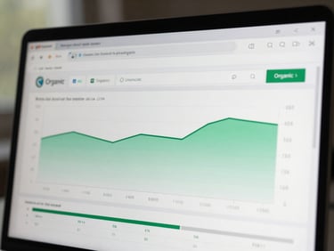 Close-up of a clean digital analytics dashboard showing organic search performance metrics and flat green line graphs, overcast natural light, minimalist and technical.