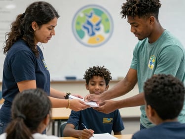 A caring mentor helping a foster youth with homework in a cozy, welcoming setting.