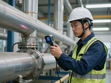 A professional engineer in a safety helmet holding a thermal imaging camera, inspecting a large industrial piping system in a clean facility