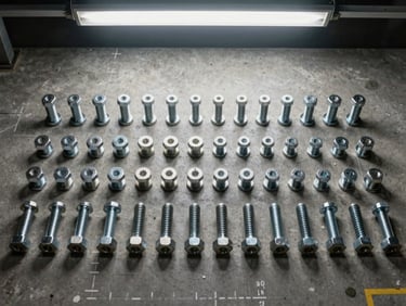 Overhead flat-lay of hex bolts, machine screws, and threaded studs sorted into rows by diameter on a concrete work surface, fluorescent warehouse ceiling light, grade markings visible on fastener heads, no hands