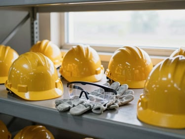 Safety equipment arranged on a warehouse shelf: hard hat, safety goggles, and cut-resistant gloves positioned as they would sit between shifts, north-facing daylight from a high window, no people