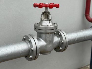 Close-up of industrial hose coils stacked on metal warehouse shelving, fittings and end connections visible, fluorescent overhead light casting honest shadows, no people
