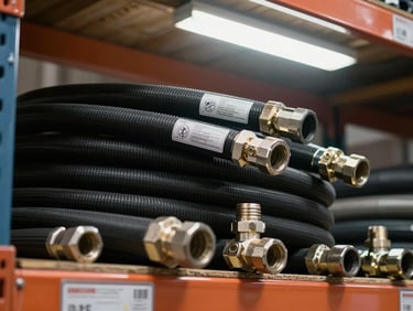 Close-up of industrial hose coils on warehouse shelf, fittings and end connections visible, fluorescent overhead light, tight framing showing pressure rating labels