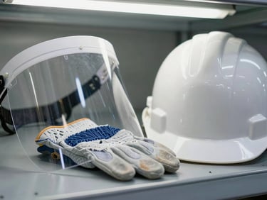 Extreme close-up macro shot of safety gloves laid beside a polycarbonate face shield and a white hard hat on a grey metal shelf, fluorescent warehouse light above, overhead angle showing product surface texture and strap hardware detail, no hands, no people