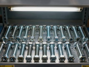Extreme close-up overhead flat-lay of hex bolts and threaded fasteners sorted by grade on a metal shelf, fluorescent warehouse light, no people