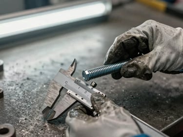 Close-up of a technician's hands holding a hex bolt against a steel caliper on a worn metal workbench, fluorescent warehouse light from above, bolt threads in sharp focus, grease-stained gloves visible at the edge of frame, concrete floor blurred in background