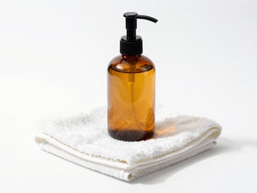 Bright high-key product photography of a minimal amber glass soap dispenser and a folded cotton dish towel, crisp white backdrop, sharp focus