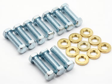 Bright high-key product photography of neatly sorted steel hex bolts and brass washers on a clean white backdrop, crisp studio light, sharp focus, 50mm lens