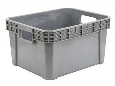 Crisp isolated shot of a grey heavy-duty plastic storage crate with handles, white backdrop, high-key studio light