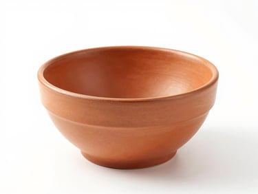 Straight-on shot of a matte terracotta ceramic mixing bowl, clean white backdrop, crisp studio lighting