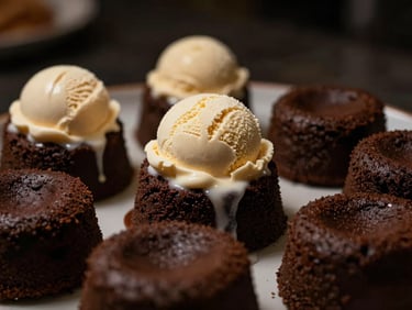 Artfully arranged chocolate lava cake with a scoop of ice cream, low-key ambient light, shallow depth of field, moody editorial photography.