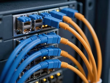 Macro close-up of neatly organized server rack with immaculate blue and orange ethernet cabling, cool crisp technical lighting, subtle LED indicator glows, sharp focus, 35mm