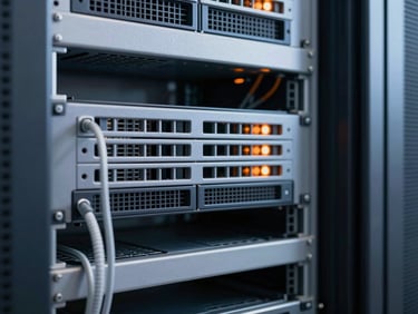 Close-up of neatly organized server racks with immaculate cabling, cool crisp technical lighting, subtle orange glow, 35mm