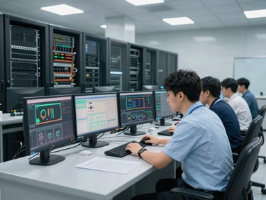 Wide environmental shot of a clean industrial control room, cool slate lighting, engineers analyzing physical hardware diagnostics on monitors, 35mm