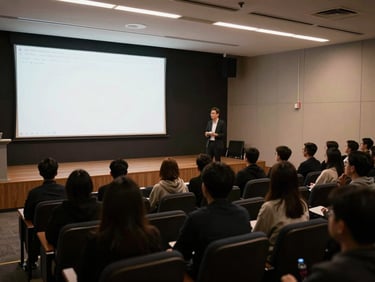 Side-angle view of a lecture hall from the back, a presenter at the front under stage lighting, rows of seated attendees visible in silhouette