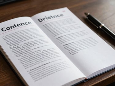 Close-up of a conference program booklet open on a desk under even daylight, crisp text visible on the pages, a pen resting beside it