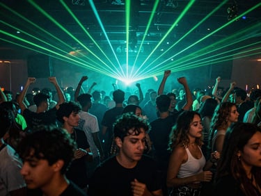 Ecstatic young crowd dancing closely at a high-end reggaeton club event, bathed in cyan and neon green laser light, atmospheric smoke, energetic night